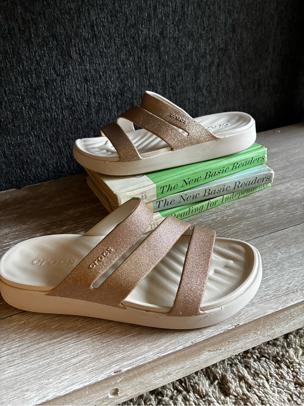 CROCS Getaway Glitter Strappy Sandals In Beige Stucco With Sparkly Glitter Strap
